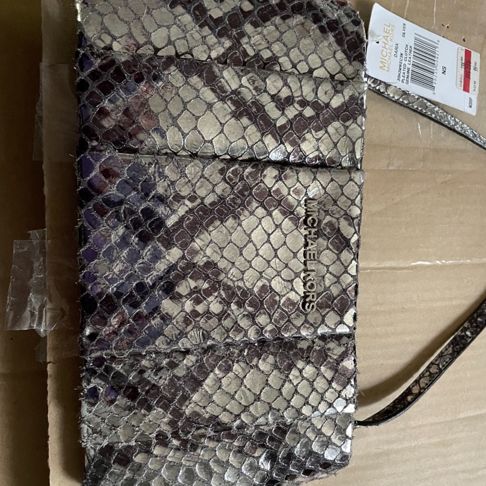 Michael Kors Daria Pleated Leather Clutch Metallic Silver Handbag